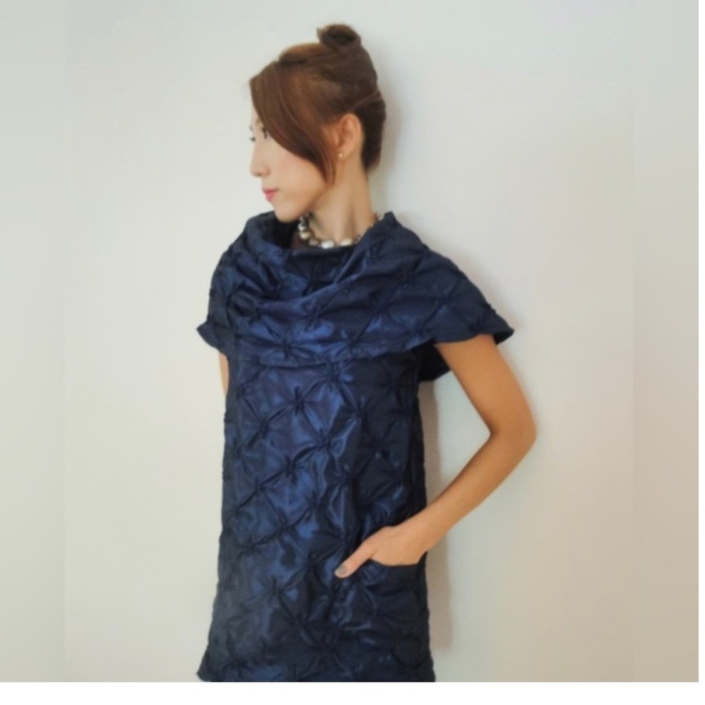 Megan Brogden Studio Blue Textured Smocked Wide Collar Tunic Top‎ Lagenlook- M